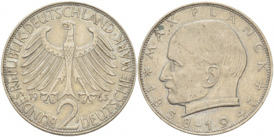 ФРГ 2 марки 1963 J, Макс Планк KM 116, J. 392 медно-никель плакированный никелем 3718-1036