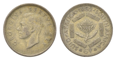 ЮАР 6 пенсов 1952 Георг VI (1936-1952) KM 36.2 серебро 4623-658