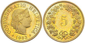 Швейцария 5 раппенов 1983 KM 26c алюминиевая бронза 105-921