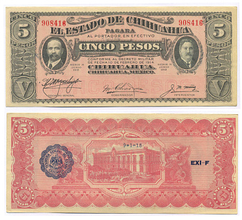 МЕКСИКА 5 ПЕСО 1915 ЧИХУАХУА, CHIHUANUA Pick S532A бумага аUNC 2192-8-1-1