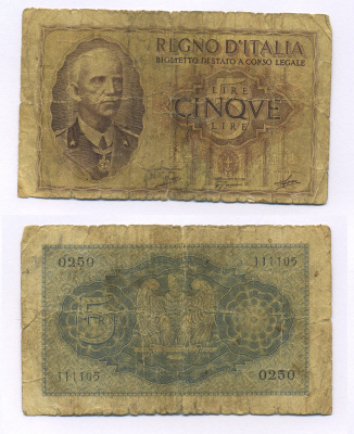 Италия 5 лир 1944 Виктор Эммануил III Pick 28, Grapanzano BS 28 бумага 7146-16-2-2