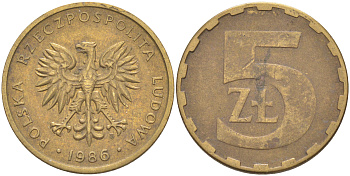 ПОЛЬША 5 ЗЛОТЫХ 1986 MW KM 81.2 латунь 106-623