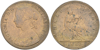 Великобритания 1/2 пенни 1860 Виктория (1837-1901), бисерная кайма KM 748.1, Spink 3956 бронза 4543-1126