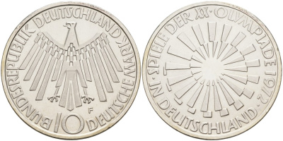 ФРГ 10 марок 1972 F, ОЛИМПИАДА, СПИРАЛЬ KM 134.1, J.401b серебро UNC 4558-224