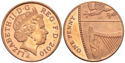 Великобритания 1 пенни 2010 Елизавета II (1952-2022) KM 1107, Spink B6 сталь плакированная медью 4609-716
