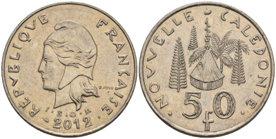 Французская Новая Каледония 50 франков 2012 хижина среди сосен и пальм, (IEOM) KM 13a, Schoen 15a, Lec 128i медно-никель 4111-1013