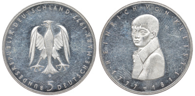 ФРГ 5 марок 1977 G, 200 лет со дня рождения Генриха фон Клейста KM 146, J. 421 серебро PROOF 4178-834