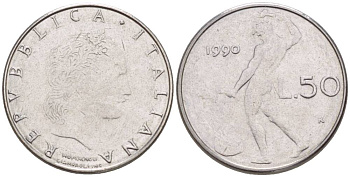 ИТАЛИЯ 50 ЛИР 1990 R, БОГ ОГНЯ ВУЛКАН У НАКОВАЛЬНИ, ДИАМЕТР 17 ММ. KM 95.2 нержавеющая сталь 4551-423
