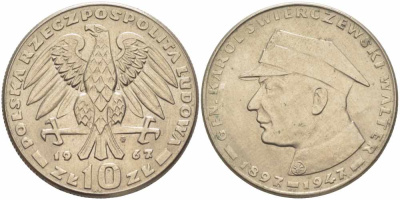 Польша 10 злотых 1967 20 лет со дня смерти генерала Сверчевского KM 58 медно-никель 109-614