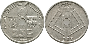 БЕЛЬГИЯ 25 САНТИМОВ 1938 BELGIE-BELGIQUE, ГЕРМАНСКАЯ ОККУПАЦИЯ, ВТОРАЯ МИРОВАЯ ВОЙНА KM 115.1 никель латунь 94-513
