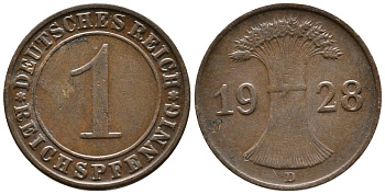 ГЕРМАНИЯ 1 РЕЙХСПФЕННИГ 1928 D KM 37, J. 313 бронза 39-961