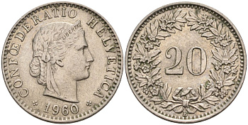 Швейцария 20 раппенов 1960 В KM 29а медно-никель 4592-915