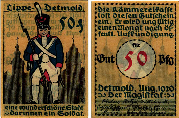 ДЕТМОЛЬД, ЛИППЕ, ГЕРМАНИЯ 50 ПФЕННИГОВ 1920 НОТГЕЛЬД, АВГУСТ 1920, ЗЕМЛЯ СЕВЕРНЫЙ РЕЙН-ВЕСТФАЛИЯ, НОМЕР ЧЁРНЫЙ ARNOLD KELLER 268.1f бумага 7523-60-3-1