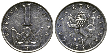 Чехия 1 крона 1994 KM 7 сталь плакированная никелем 4364-4437