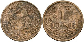 Нидерланды 1 цент 1922 Вильгельмина (1890-1948) KM 152 бронза 4576-1055
