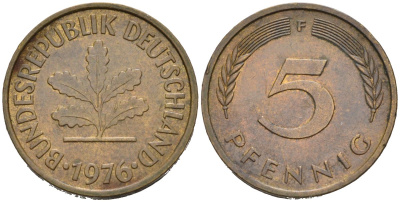 ФРГ 5 пфеннигов 1976 F KM 107, J.382 сталь плакированная латунью 4567-935