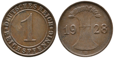 ГЕРМАНИЯ 1 РЕЙХСПФЕННИГ 1928 D KM 37, J. 313 бронза 39-961