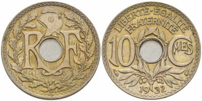 ФРАНЦИЯ 10 САНТИМОВ 1932 ТИП ЛИНДАЙЁ KM 866а, LE FRANC 138.19 медно-никель 108-217