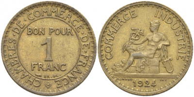 ФРАНЦИЯ 1 ФРАНК 1924 CLOSED 4 KM 876 алюминиевая бронза 4402-845