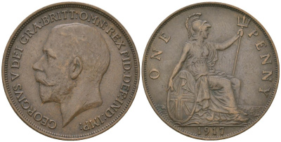 Великобритания 1 пенни 1917 Георг V (1910-1936) KM 810, Spink 4051 бронза    69-323