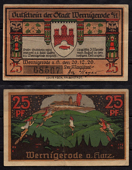 Германия 25 пфенингов 1920 нотгельд, город Вернигероде бумага 7198-40-3-2