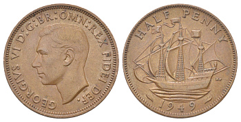 Великобритания 1/2 пенни 1949 Георг VI (1936-1952) KM 868, Spink 4118 бронза 4707-1051