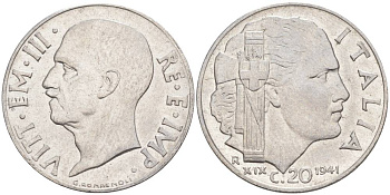 ИТАЛИЯ 20 ЧЕНТЕЗИМО 1941 R, ГОД XIX, ВИКТОР ЭММАНУИЛ III (1900-1946) KM 75b, VEM3. 1028 нержавеющая сталь 3853-913