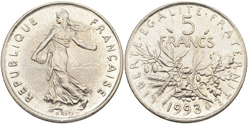 Франция 5 франков 1993 сеятель KM 926а.1, Le Franc 341.27 медно-никель плакированный никелем 3855-1135