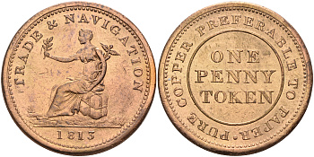 Канада 1 пенни 1813 Trade & navigation, токен  медь 00-00