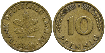 ФРГ 10 ПФЕННИГОВ 1949 F KM 103, J. 378 сталь плакированная латунью 98-524