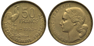ФРАНЦИЯ 50 ФРАНКОВ 1953 ПЕТУХ KM 918.1, LE FRANC 425.10 алюминиевая бронза 27-843