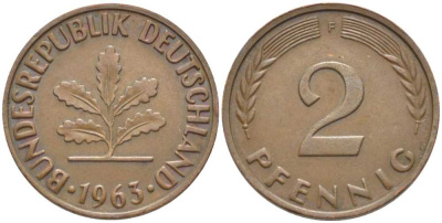 ФРГ 2 ПФЕННИГА 1963 F KM 106, J. 381 бронза 116-319