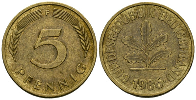 ФРГ 5 пфеннигов 1986 F KM 107 сталь плакированная латунью 4173-1044
