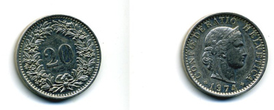Швейцария 20 раппенов 1974 KM 29а медно-никель 37-1125