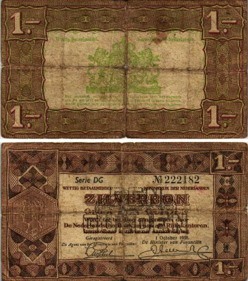 Нидерланды 1 гульден 1938 серебряный ваучер, в серии 2 буквы, 6 цифр Pick 61, Akkermans 4.1 b  бумага 7548-116-3-2