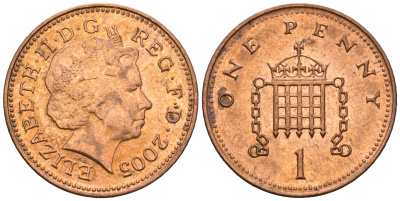 Великобритания 1 пенни 2005 Елизавета II (1952-2022) KM 986, Spink 4710 (B5) сталь плакированная медью 4609-625