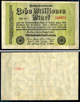 Германия 10000000 марок 1923 22 августа 1923, серия RH Pick 106 a бумага 7552-63-3-2