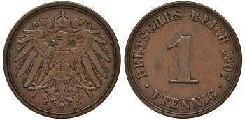 Германия 1 пфенниг 1907 A KM 10, Jaeger 10 медь 4164-155