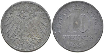 ГЕРМАНИЯ 10 ПФЕННИГОВ 1921 (1917-1922) KM 26, J. 299, Weege 8 цинк 210-246