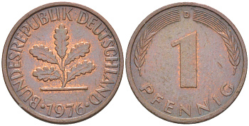 ФРГ 1 ПФЕННИГ 1976 D KM 105, J. 380 сталь плакированная медью 4181-622