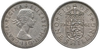 Великобритания 1 шиллинг 1961 Елизавета II (1952-2022), Английский герб KM 904, Spink 4147 медно-никель 4122-1042