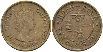 Гонконг 10 центов 1961 Елизавета II (1955-) KM 28.1 никель латунь 4154-556