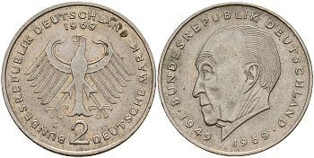 ФРГ 2 марки 1969 G, Конрад Аденауэр KM 124, J. 406 медно-никель 4159-1151