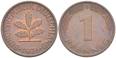 ФРГ 1 ПФЕННИГ 1976 D KM 105, J. 380 сталь плакированная медью 4181-622