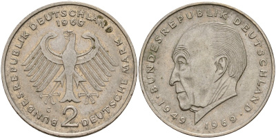 ФРГ 2 марки 1969 G, Конрад Аденауэр KM 124, J. 406 медно-никель 4159-1151