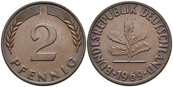 ФРГ 2 ПФЕННИГА 1969 G KM 106a, Jager 381a сталь плакированная сталь плакированная медьюю 4546-956
