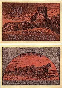 ВЕЗЕНБЕРГ 50 ПФЕННИГОВ 1922 НОТГЕЛЬД, МАЙ 1922, ЗЕМЛЯ МЕКЛЕНБУРГ Grabowski 1410.2 бумага 6318-33-1-1