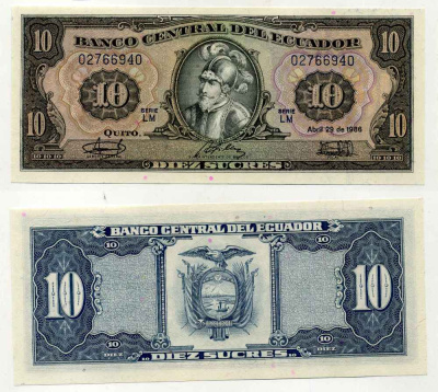 Эквадор 10 сукре 1986 Себастьян де Белалькасар, серия LM Pick 121 бумага UNC (пресс) 8589-10-1-2