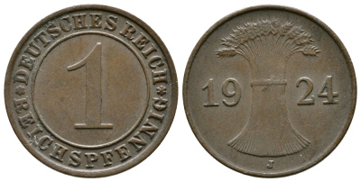 ГЕРМАНИЯ 1 РЕЙХСПФЕННИГ 1924 J KM 37, J.313 бронза 4380-1068