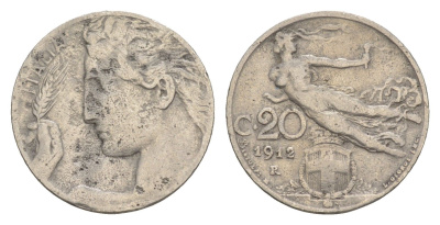 Италия 20 чентезимо 1912 R, Виктор Эммануил III (1900-1946) KM 44 никель 4547-918